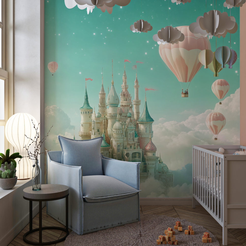 Princess castle wallpaper with hot air balloons creating magic in a modern nursery with soft pink accents