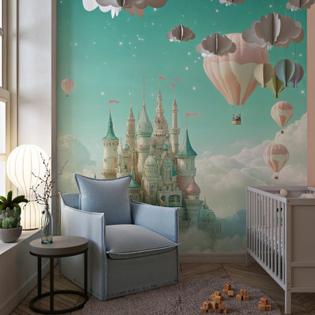 Princess castle wallpaper with hot air balloons creating magic in a modern nursery with soft pink accents