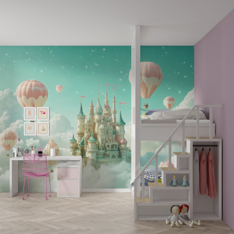 Fantasy castle wall mural brightening a child's bedroom with dreamy mint green tones