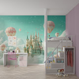 Fantasy castle wall mural brightening a child's bedroom with dreamy mint green tones