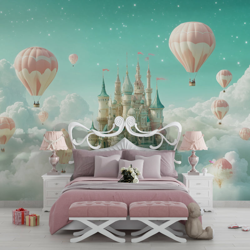 Castle and hot air balloons mural adding whimsy to a girl's bedroom
