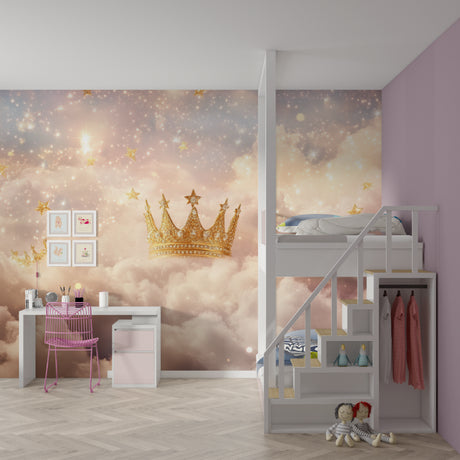 Princess crown wallpaper creating magic in a modern nursery with soft pink and gold accents