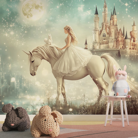 Princess castle wallpaper bringing magic to a child's bedroom, soft lighting shows the enchanting design