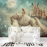 Princess fantasy mural in a nursery, showing the gentle pastel colors and dreamy castle design