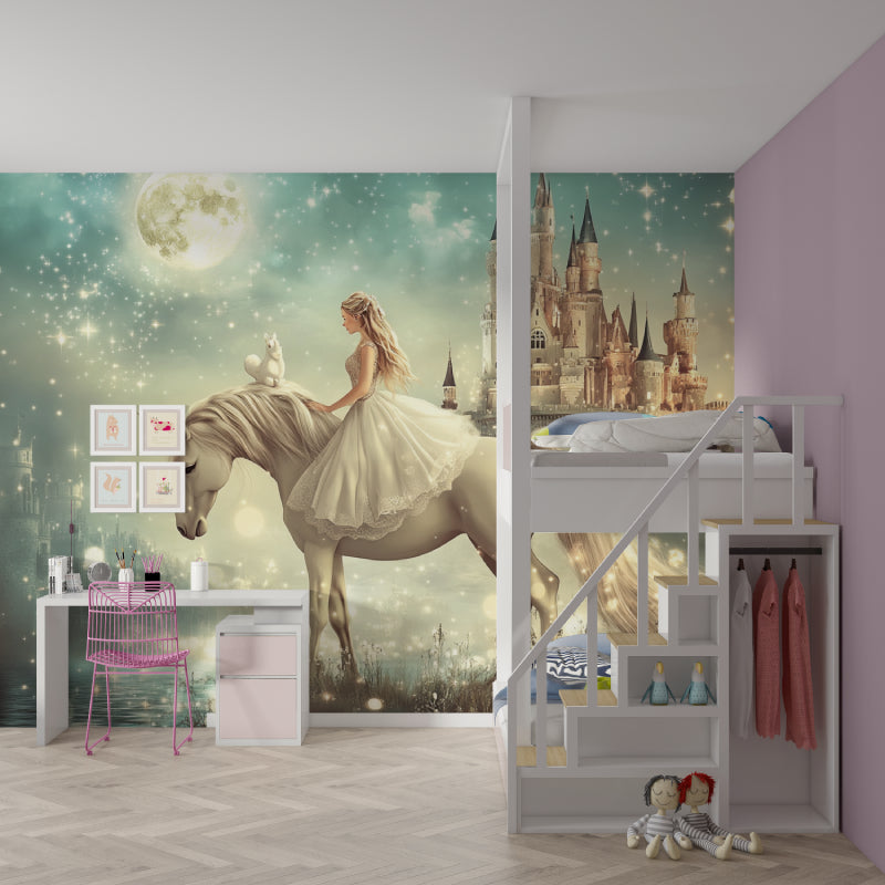 Castle and unicorn wallpaper featured in a reading nook, highlighting the magical details