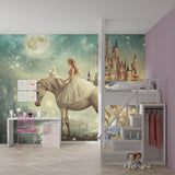 Castle and unicorn wallpaper featured in a reading nook, highlighting the magical details