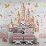 Princess castle wallpaper creating magic in a modern white bedroom with pink accents