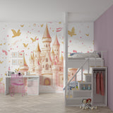 Magical castle mural wallpaper featured in a playroom with reading nook