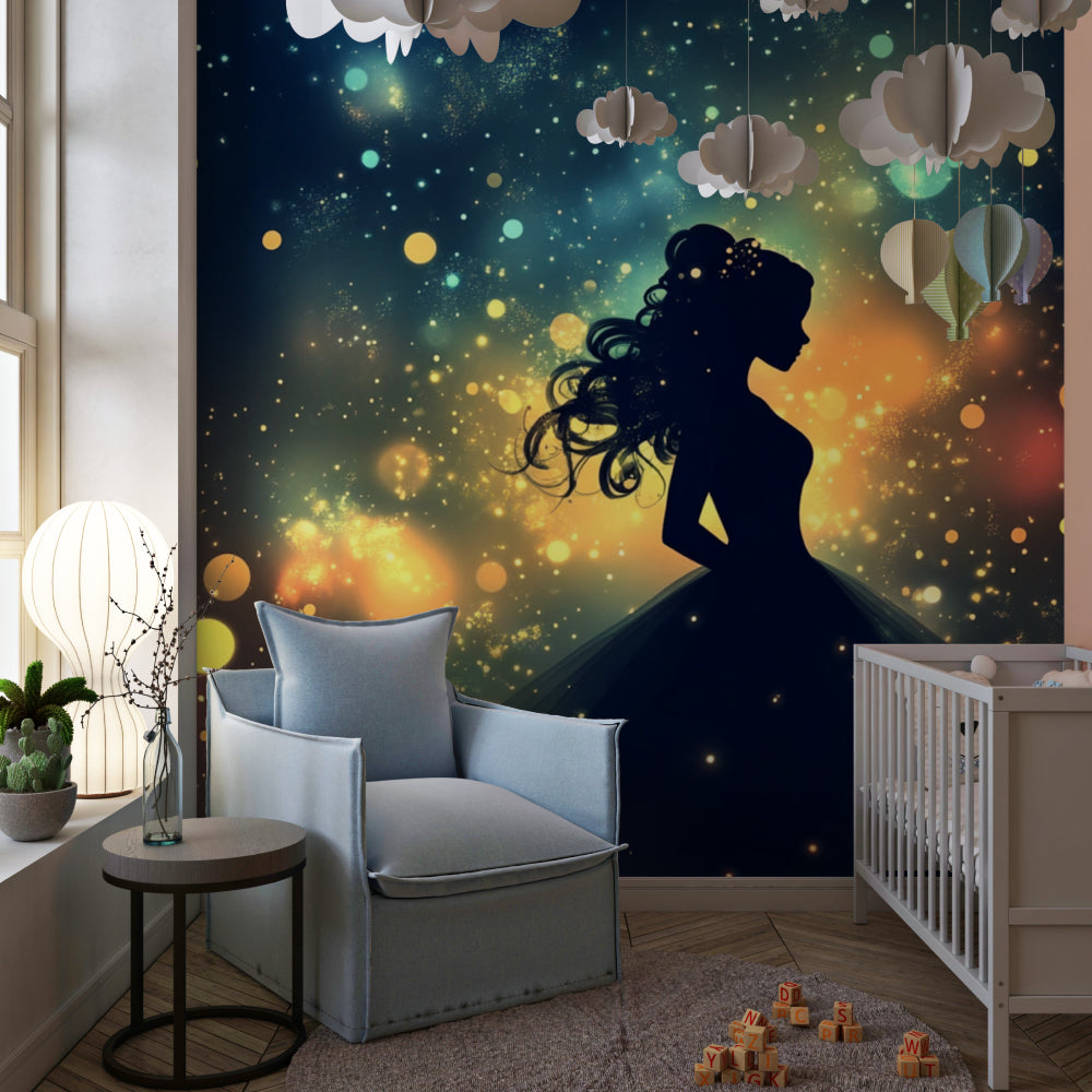 Princess wallpaper mural creating magic in a modern girl's bedroom with soft lighting