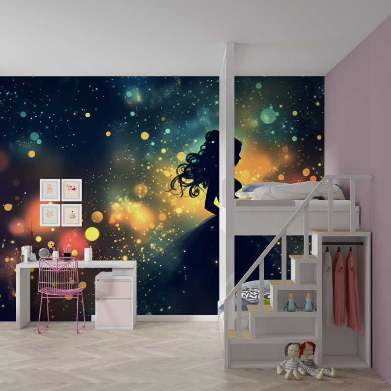 Night sky princess wallpaper transforming a playroom into an enchanted space