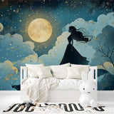 Princess wall mural creating magic in a modern girl's bedroom with soft lighting and cozy reading nook