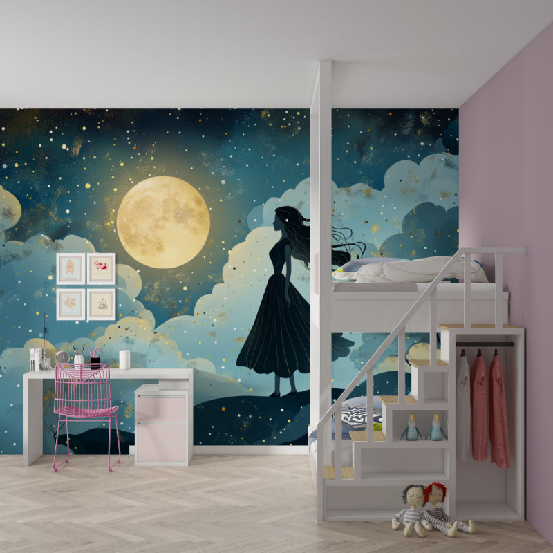Moonlit princess mural wallpaper transforming a teen's bedroom into a sophisticated space
