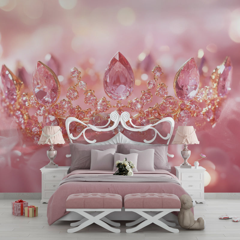 Crystal crown wallpaper creating magical atmosphere in a modern nursery with pink accents