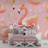 Princess Flamingo wallpaper creating magic in a girl's bedroom with soft pink walls and gold accents