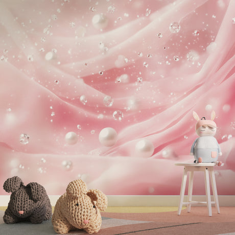 Princess wallpaper with pink silk and pearls design creating a magical atmosphere in a modern girl's bedroom