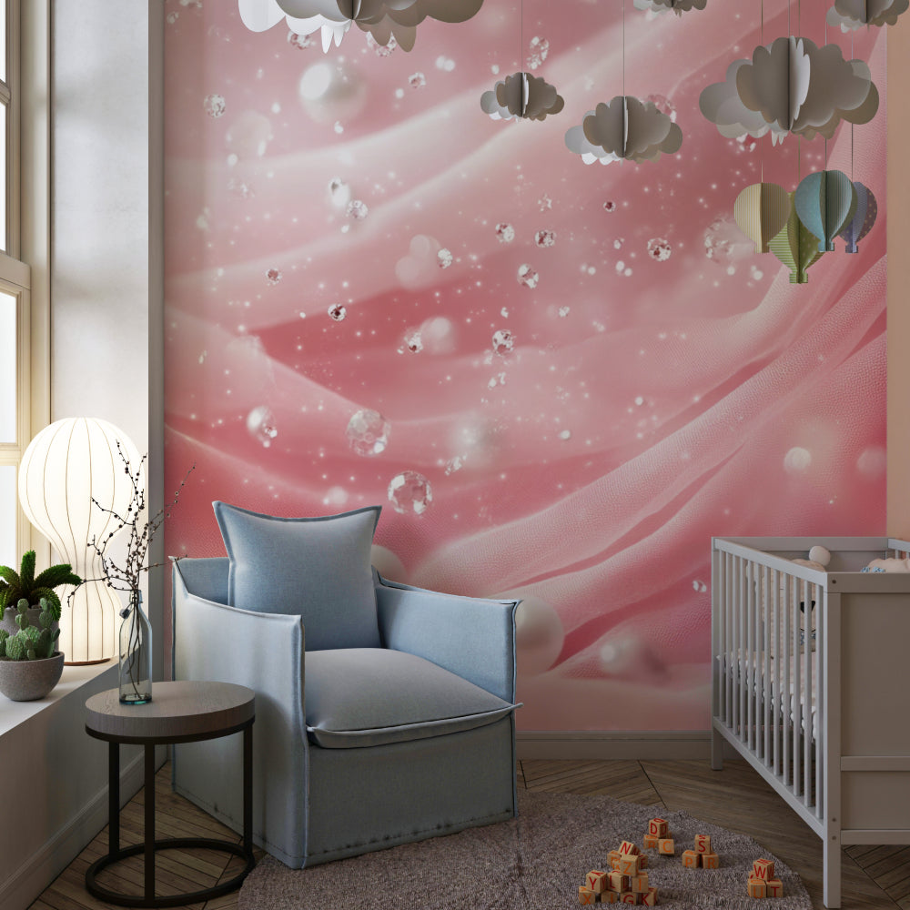 Pink silk and pearl wallpaper creating a dreamy atmosphere in a girl's dressing area