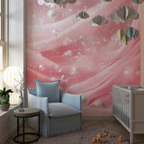 Pink silk and pearl wallpaper creating a dreamy atmosphere in a girl's dressing area