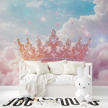 Princess crown wallpaper creating magic in a modern girl's bedroom with soft lighting and matching decor