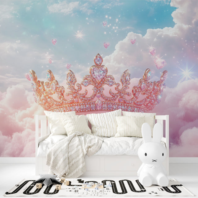 Princess crown wallpaper creating magic in a modern girl's bedroom with soft lighting and matching decor