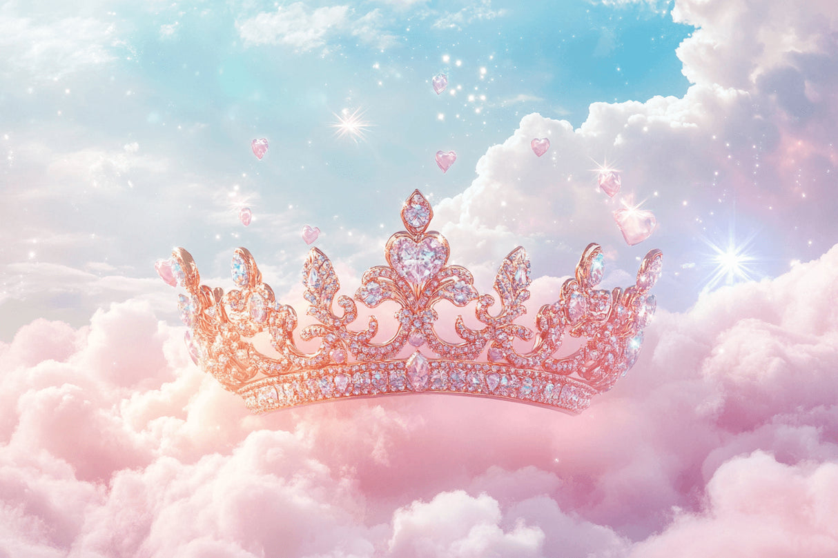 Design file showing detailed rose gold crown pattern with floating hearts and celestial elements