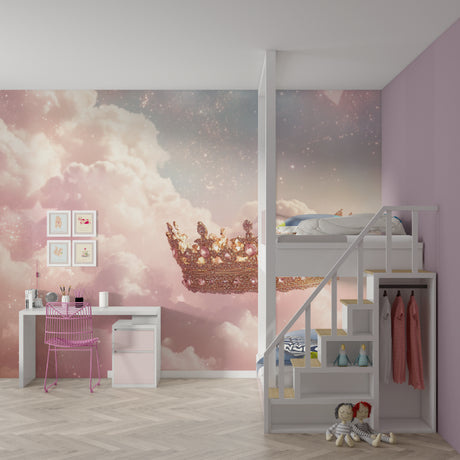 Princess crown wallpaper in modern girl's bedroom with pink and gold accents