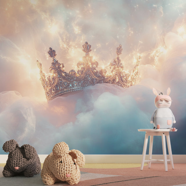 Princess crown wallpaper in a pink nursery with white furniture showing soft dreamy atmosphere