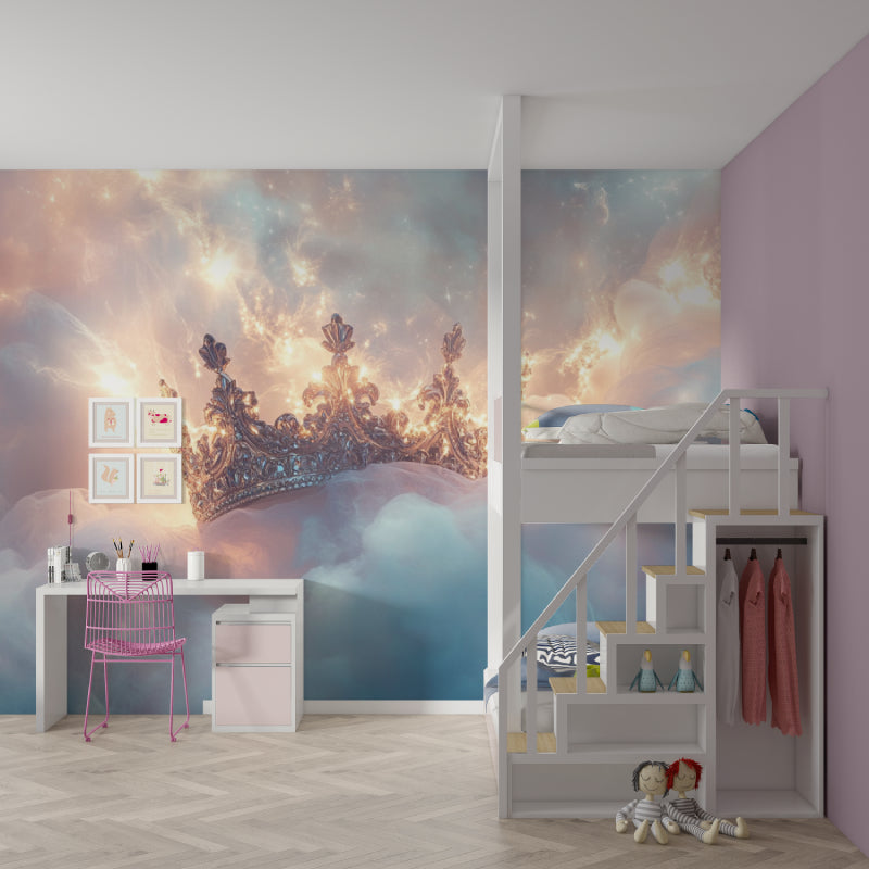 Crown wallpaper mural showcased in a reading nook with soft lighting