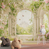 Royal garden wallpaper creating depth in a playroom setting