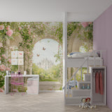 Princess castle mural styled with pink and gold accessories