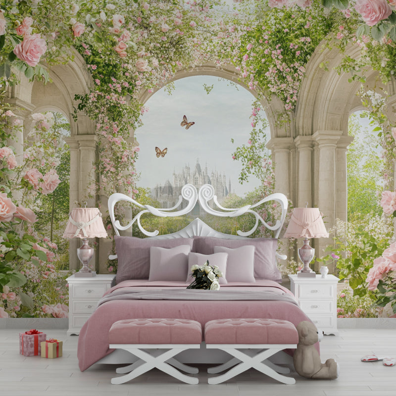 Fairy tale castle wallpaper in a modern girl's bedroom