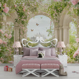 Fairy tale castle wallpaper in a modern girl's bedroom