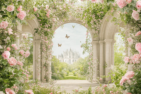 Design file showing detailed princess castle and butterfly pattern with climbing roses