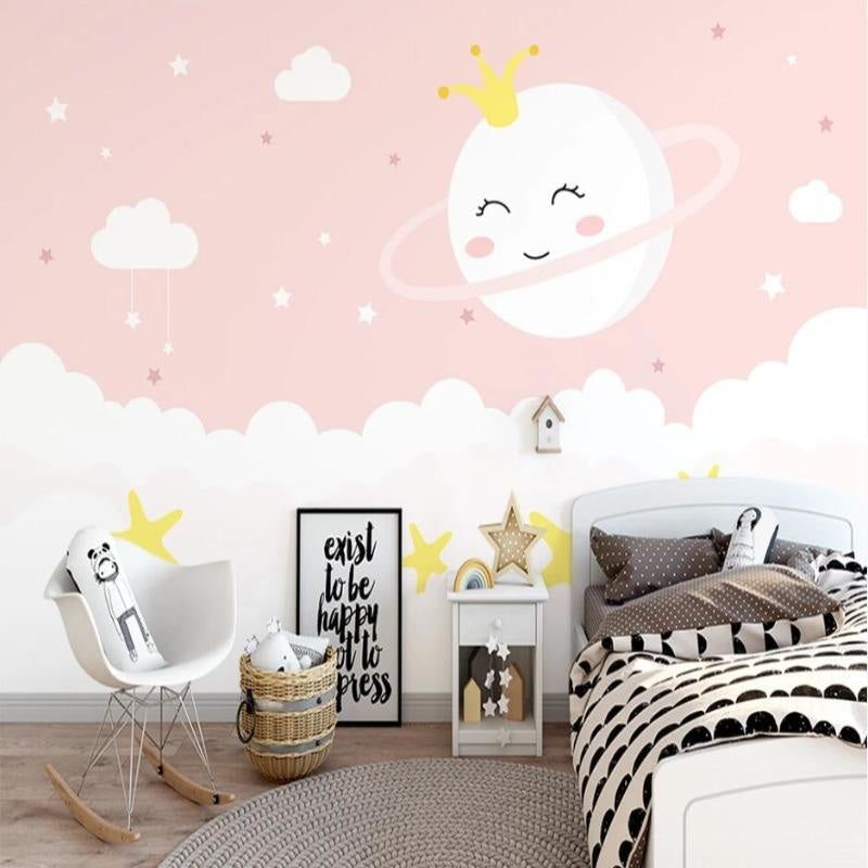 Princess themed wall mural bringing celestial magic to a play area with soft pink tones