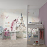 Pink castle wallpaper creating fairy tale atmosphere in child's bedroom