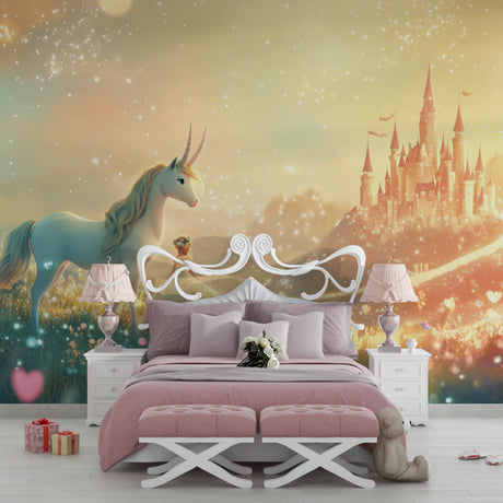 Princess castle wallpaper creating magic in a girl's bedroom, with soft pink walls and golden accents