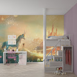 Magical unicorn wallpaper in a playroom setting with natural lighting showing sparkle details