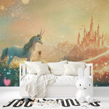 Enchanted castle wallpaper showcased in a modern nursery with white furniture