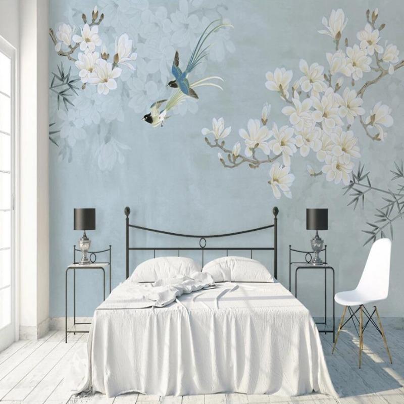 Cherry Blossom Mural Wallpaper | Birds and White Flowers on Blue