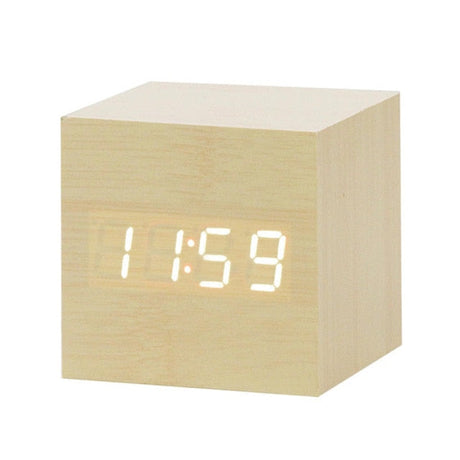 Modern Digital Alarm Clock  Wooden Cube LED Display - Product showcase