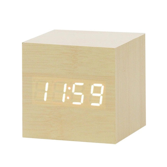 Modern Digital Alarm Clock  LED Wood Cube Design - Detailed view
