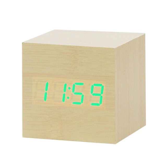 Modern Digital Alarm Clock  LED Wood Cube Design - Product example