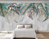 Tropical Birds Mural Wallpaper | Exotic Leaves with Grey Background
