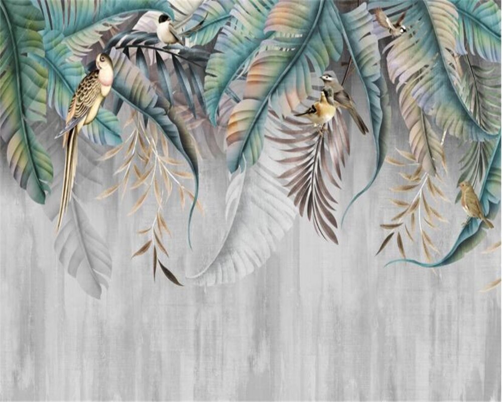 Tropical Birds Mural Wallpaper | Exotic Leaves with Grey Background