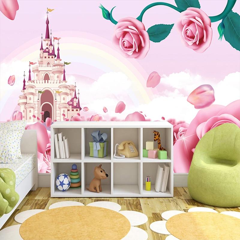 Princess Castle Mural Wallpaper | Pink Roses and Rainbow Fantasy