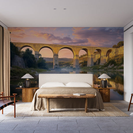 Provence landscape wallpaper with golden aqueduct scene creating depth in a modern living room with high ceilings