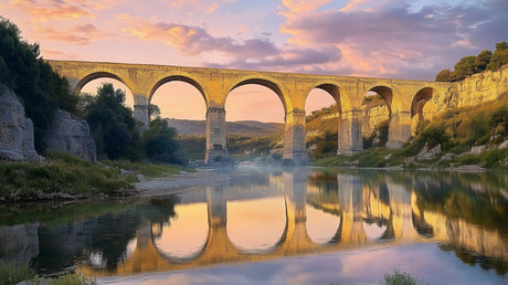 French aqueduct landscape design file showing detailed stone architecture and warm sunset colors
