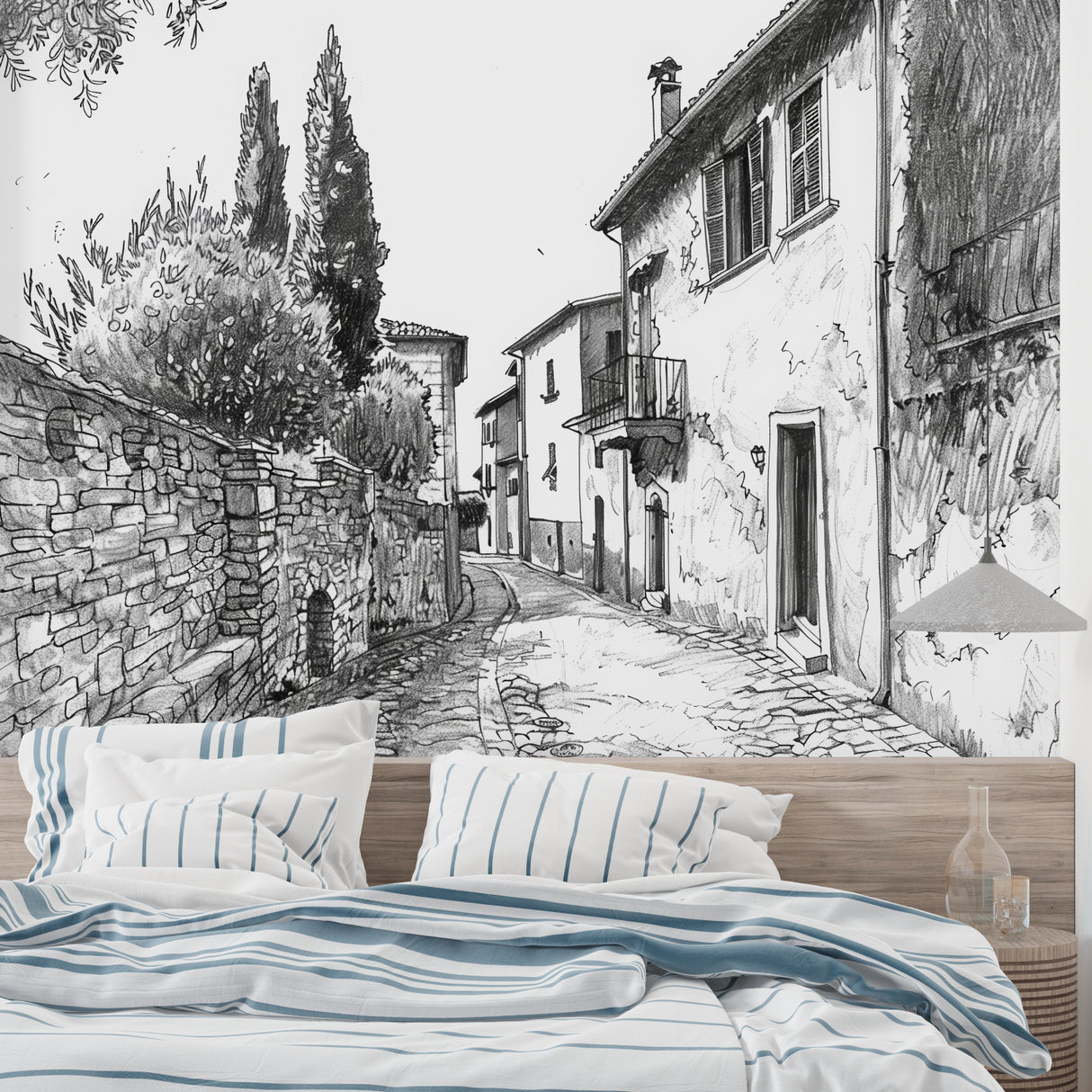 French village street wallpaper displayed in a modern dining room, creating an artistic focal point