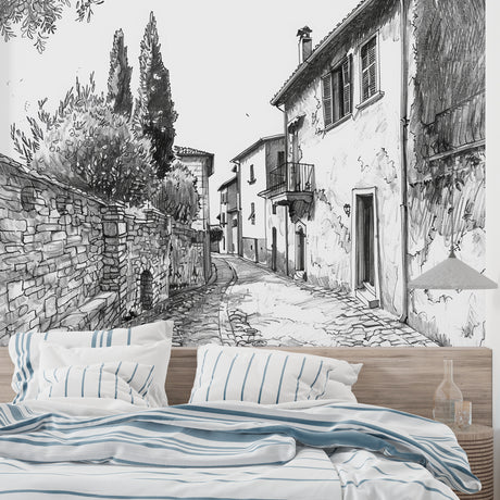 French village street wallpaper displayed in a modern dining room, creating an artistic focal point