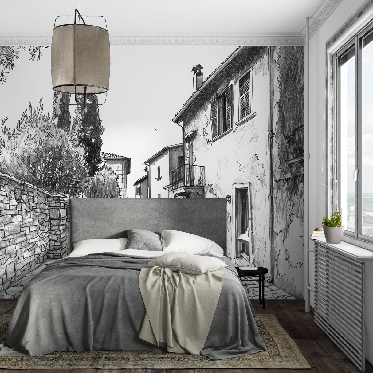Black and white Provence mural bringing character to a cozy living room setting