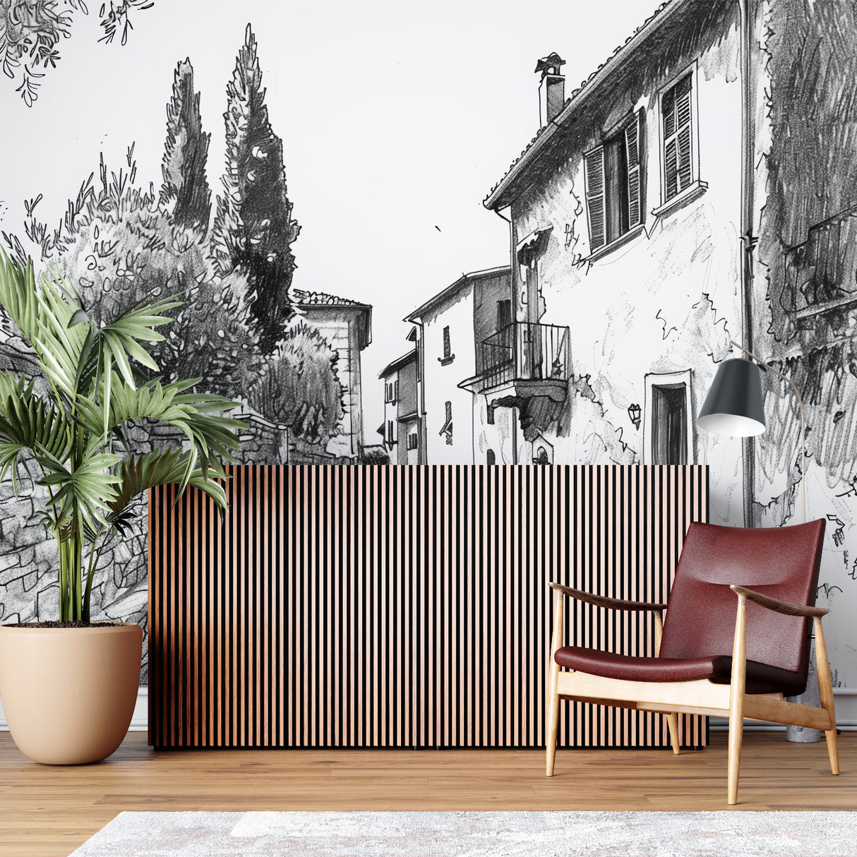 French village art mural making a bedroom feel like a boutique hotel in Provence